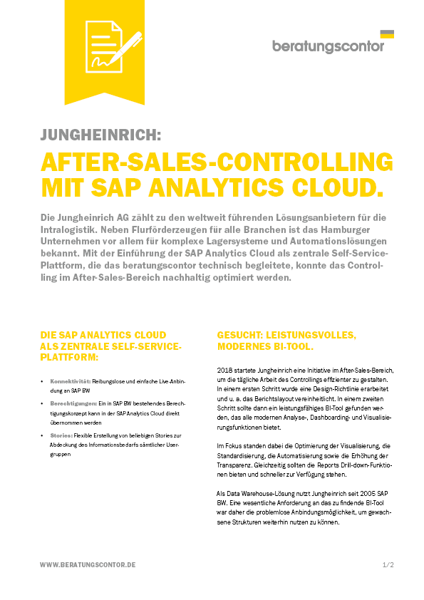 Screenshot einer Success Story zum After Sales Controlling mit SAC bei Jungheinrich.